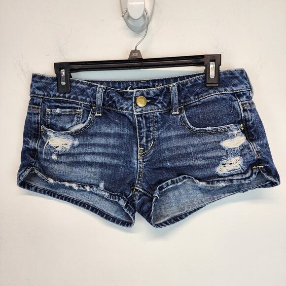 American Eagle Low Waist Micro Denim Shorts Size 4 Blue Distressed Ripped Y2K - Picture 1 of 10